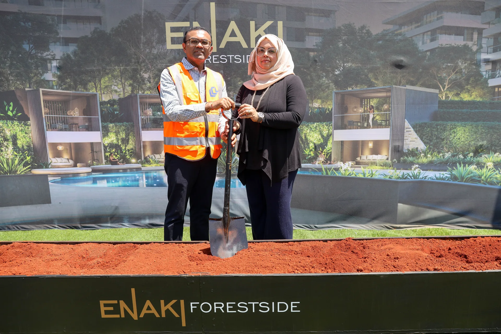 Arvind Raghwani, Director at Laxmanbhai, with Farhana Hassanali, Co-CEO and Development Director at HassConsult, during the Enaki Forestside groundbreaking ceremony in Enaki Town, Nairobi.