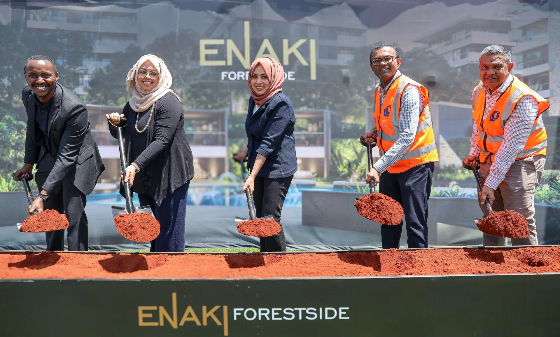From left: Alvin Muchai, Development Project Manager at HassConsult; Farhana Hassanali, Co-CEO and Development Director at HassConsult; Sakina Hassanali, Co-CEO and Creative Director at HassConsult; and Arvind Raghwani and Ramesh Raghwani, Directors at Laxmanbhai, during the Enaki Forestside groundb