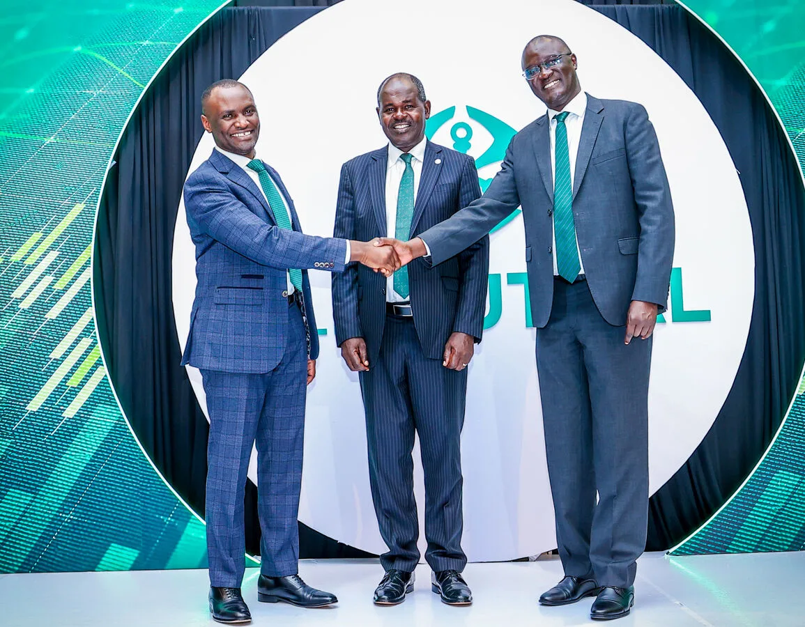 From left, Isaiah Gakonyo, Chief Operating Officer, Dr. Habil Olaka (EBS), Chairman and Non-Executive Director, and Arthur Oginga, Group Chief Executive Officer, Old Mutual Holdings PLC, during the announcement of the company's financial results.
