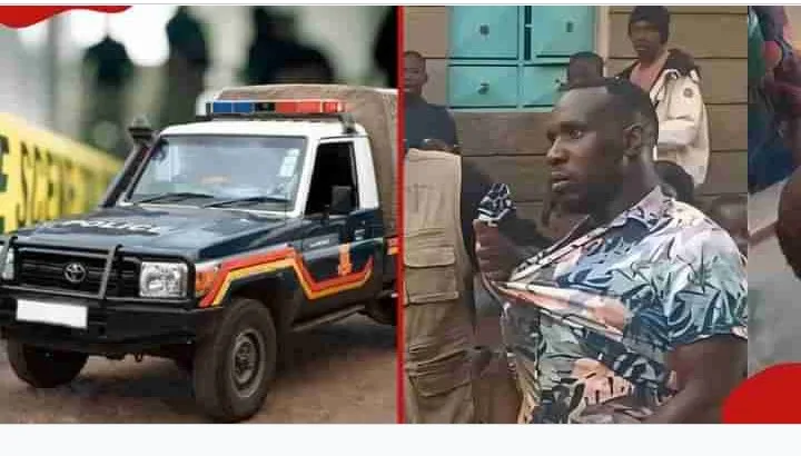 Police Land Cruiser and man being arrested by officers in Githurai