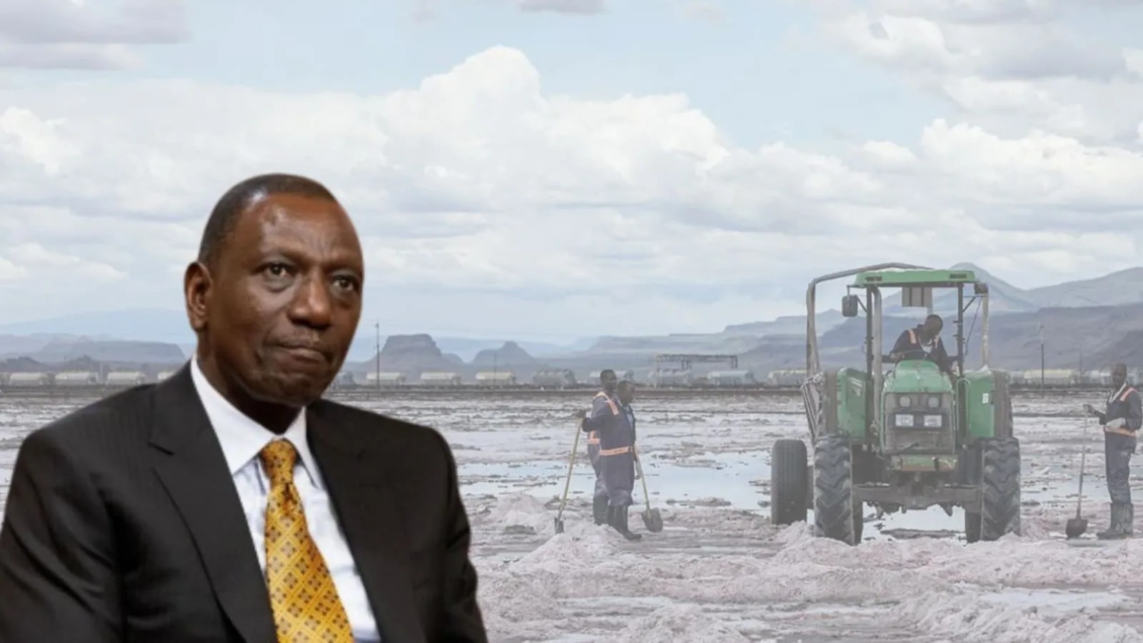 President William Ruto with Lake Magadi soda ash mining operations in background showing workers harvesting salt