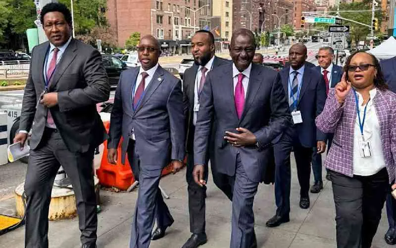 President William Ruto walking in New York streets with Cabinet Secretaries Alice Wahome, Hassan Joho, Opiyo Wandayi and other officials during UNGA 81