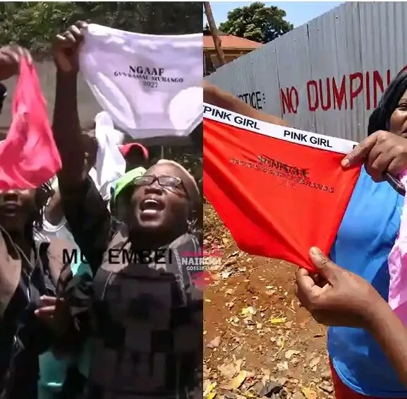 Kirinyaga women holding branded underwear written NGAAF Gov Kamau Murango 2027 during protest