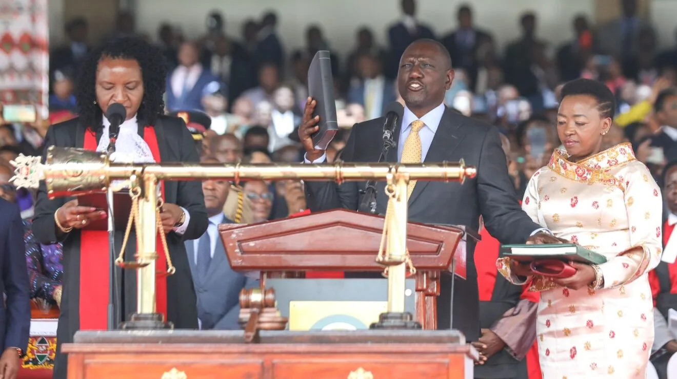 President William Ruto taking oath of office at Kasarani Stadium Nairobi on September 13 2022 with First Lady Rachel Ruto holding Bible, marks Ruto At Four anniversary September 13 2026