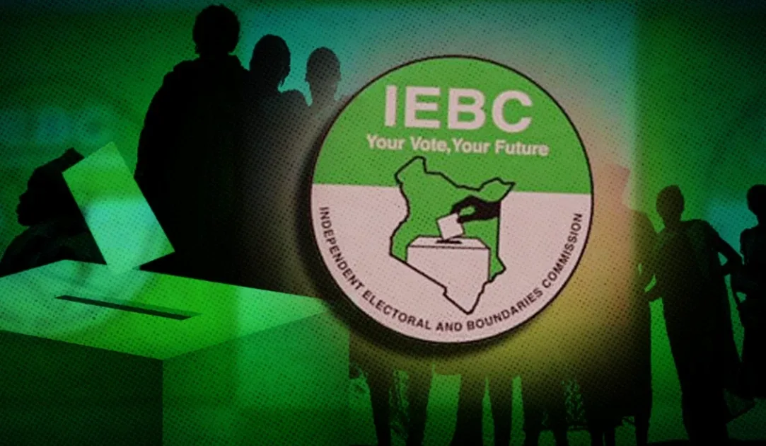 IEBC logo with ballot box and silhouettes of voters, illustration for voter registration and transfer
