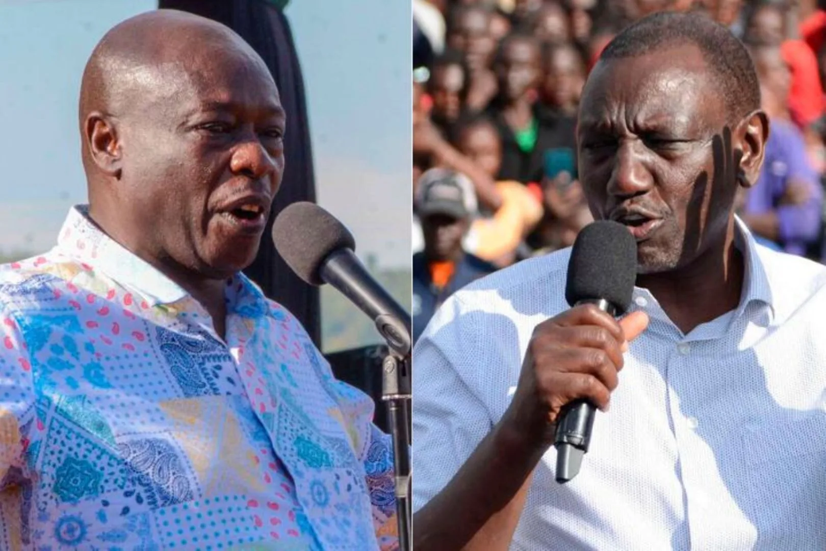 President William Ruto speaking at podium in Siaya and Rigathi Gachagua speaking at podium side by side collage with quotes about Uhuru