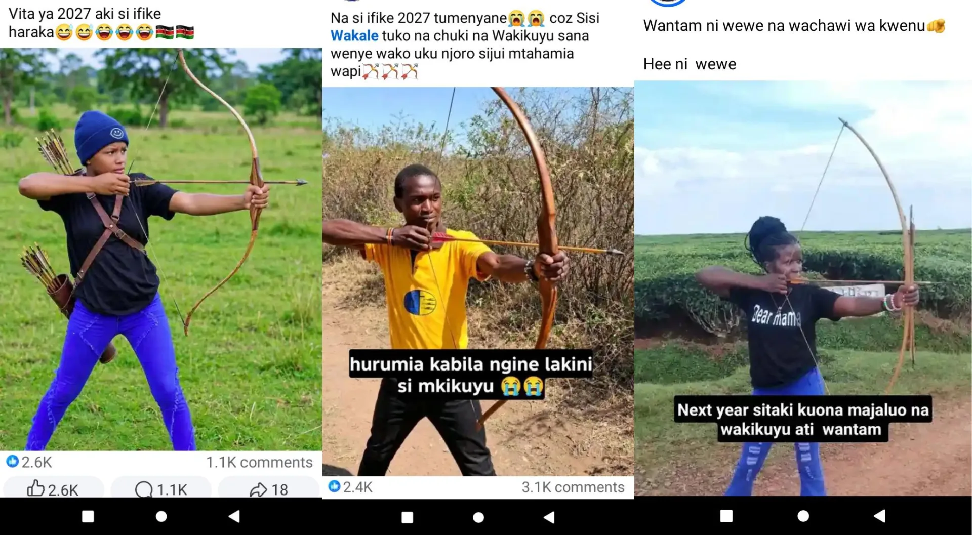 Young Genz posting with bows and arrows.