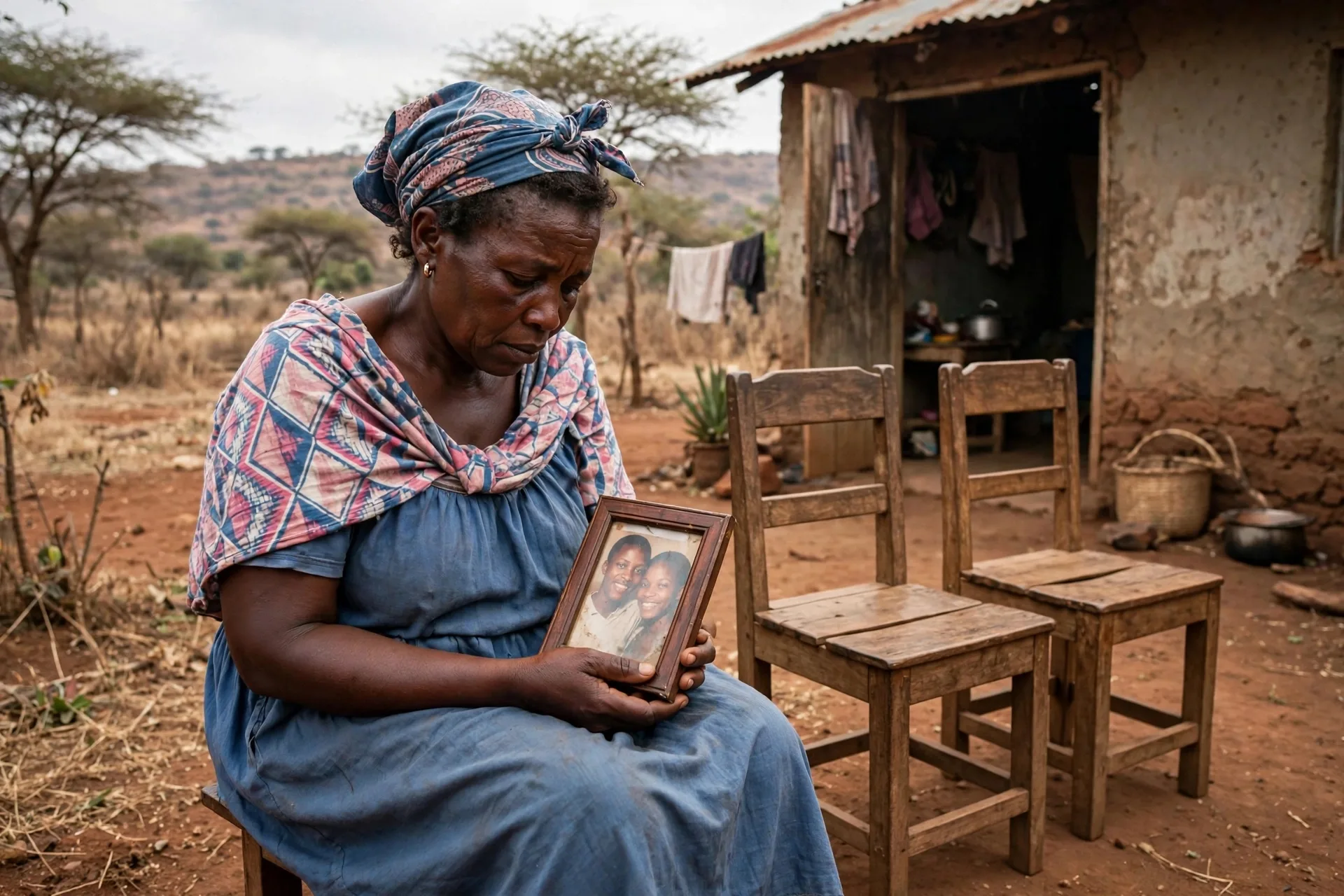 Kenyan mother holding family portrait next to two empty chairs in Makueni grieving suicide loss